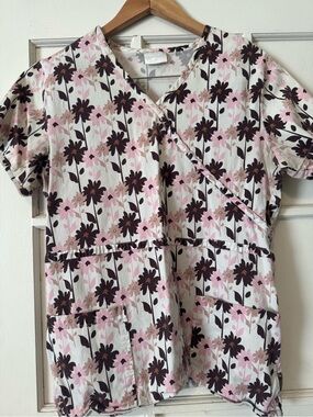 Floral Print Wrap-Front Scrub Top in Pink and Brown